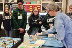 Blue Crab Bowl participants watch as marine scientist Deb Gauthier dissects a fish caught during one of VIMS’ multispecies monitoring and assessment surveys. © C. Katella/VIMS.