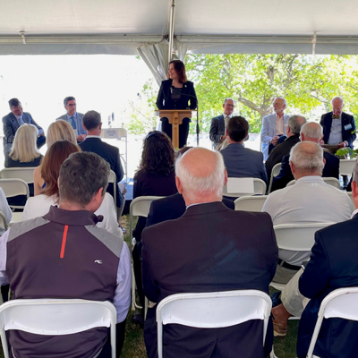 W&M President Katherine Rowe addresses the crowd during the Acuff Dedication Ceremony. © L. Patrick/VIMS.