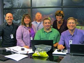 Samuel Lake with the scientist-teacher team at NASA Langley. From L: Lake, math teacher Kimberly Riddle, math teacher Michael Neff, general science teacher Danny Dorton, Jr., math teacher Theresa Cooper, and VIMS professor Mark Brush.