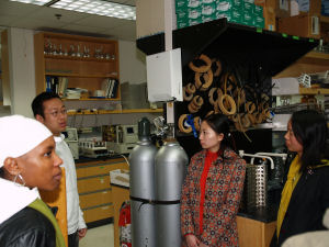 William & Mary/Central China normal University 2007 exchange. From left to right: Environmental Toxicology PhD student Erica Holloman, Environmental Chemistry PhD student Chen Da, incoming Environmental Toxicology PhD student Xu Xiaoyu, and visiting Dr. Xiong Li.